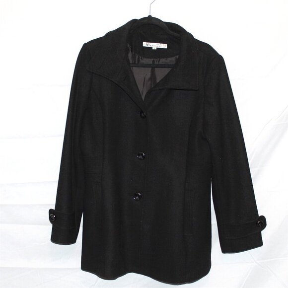 Kenneth Cole Coat w/ Removable Hood, 14, Black, Hip-Length, Button Front - Picture 1 of 8